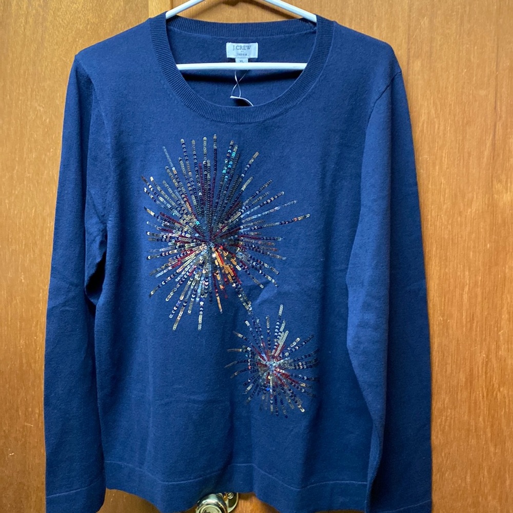 J. Crew Navy Blue Sequin Fireworks Burst Crewneck Sweater Sz XL USA